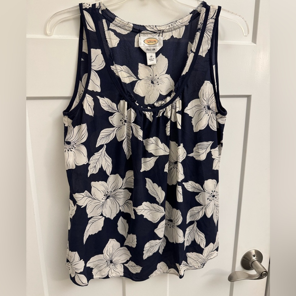 Talbots Women Sz 10 Silk Navy White Sheer Tank Top Floral Office Art